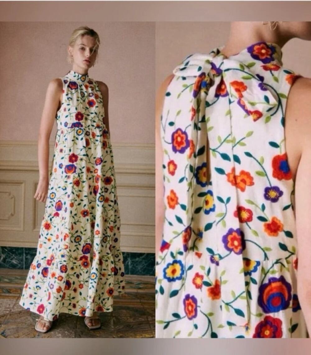 SEZANE Editions Sz 36 4 Olympia Dress Maxi Embroidered Sleeveless
